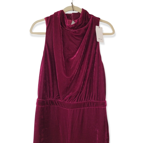 REISS JOAN Berry Red Sleeveless Open Back High Neck Velvet Straight Leg Jumpsuit - Picture 4 of 16